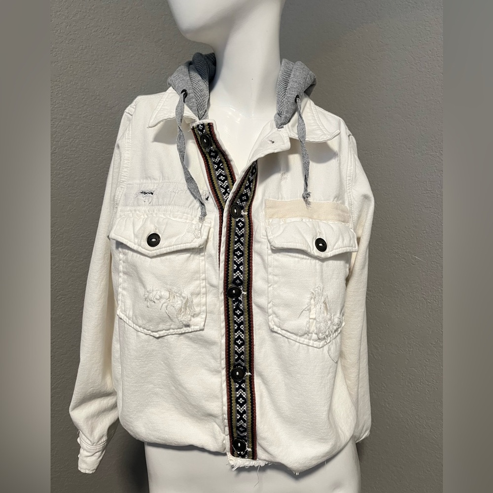 Free People Women’s Weekend Wanderer White /Gray Hood LS BD Cotton Jacket Size S - Picture 3 of 16